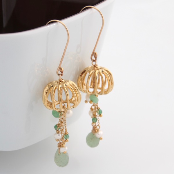 Gold Jellyfish Earrings - Green