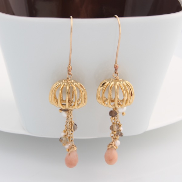 Gold Jellyfish Earrings - Peach